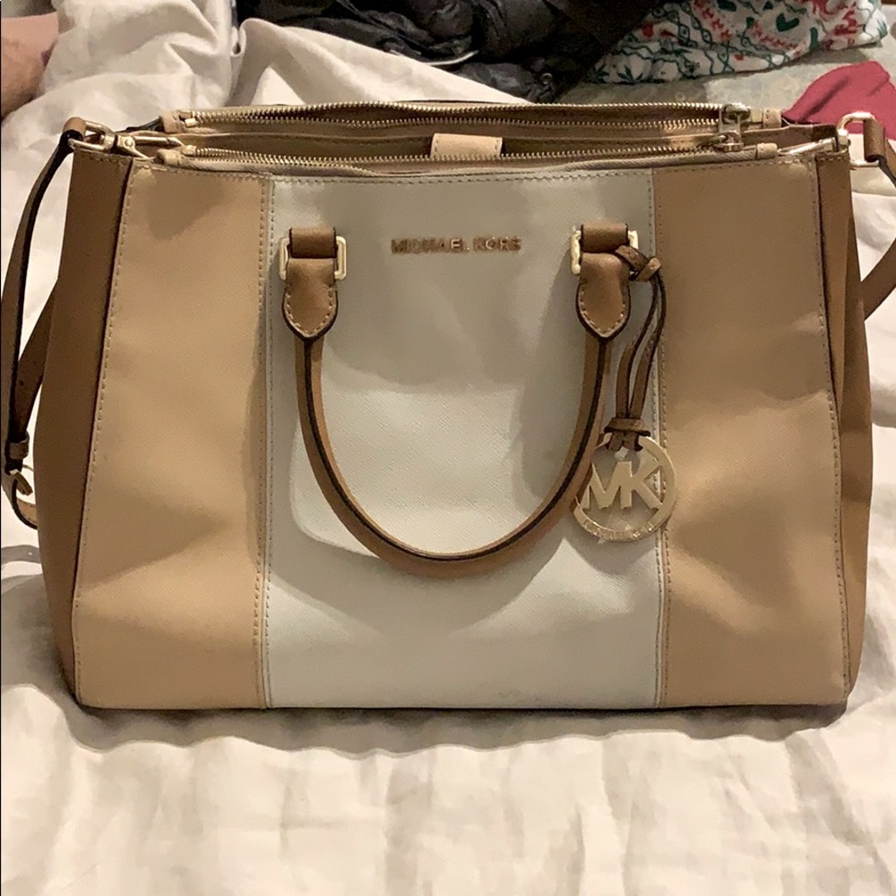 Michael Kors tan and white handbag
